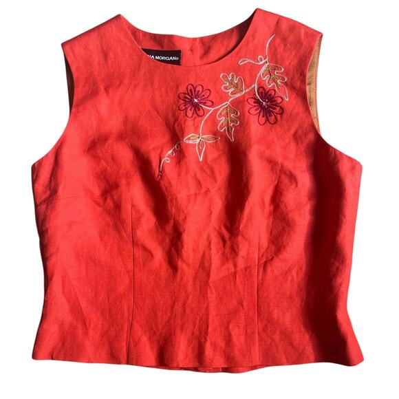 Vermillion Floral Embroidered Linen Blend Tank Top with Button-Up Back (M) - Picture 1 of 4